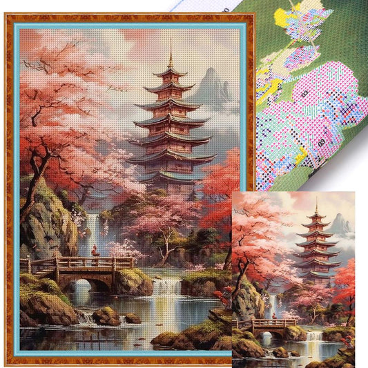 Landscape With Pavilion - Full 11CT Stamped Cross Stitch 40x60CM - Yishu