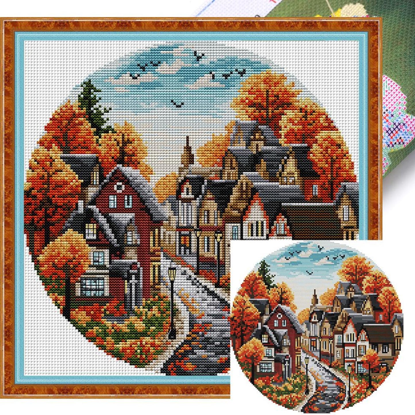 Autumn Street - Partial 14CT Stamped Cross Stitch 31x31CM - Joy Sunday Backstitch