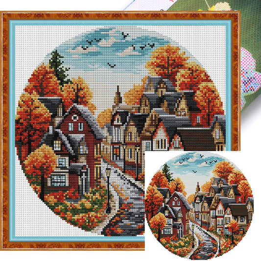 Autumn Street - Partial 14CT Stamped Cross Stitch 31x31CM - Joy Sunday Backstitch