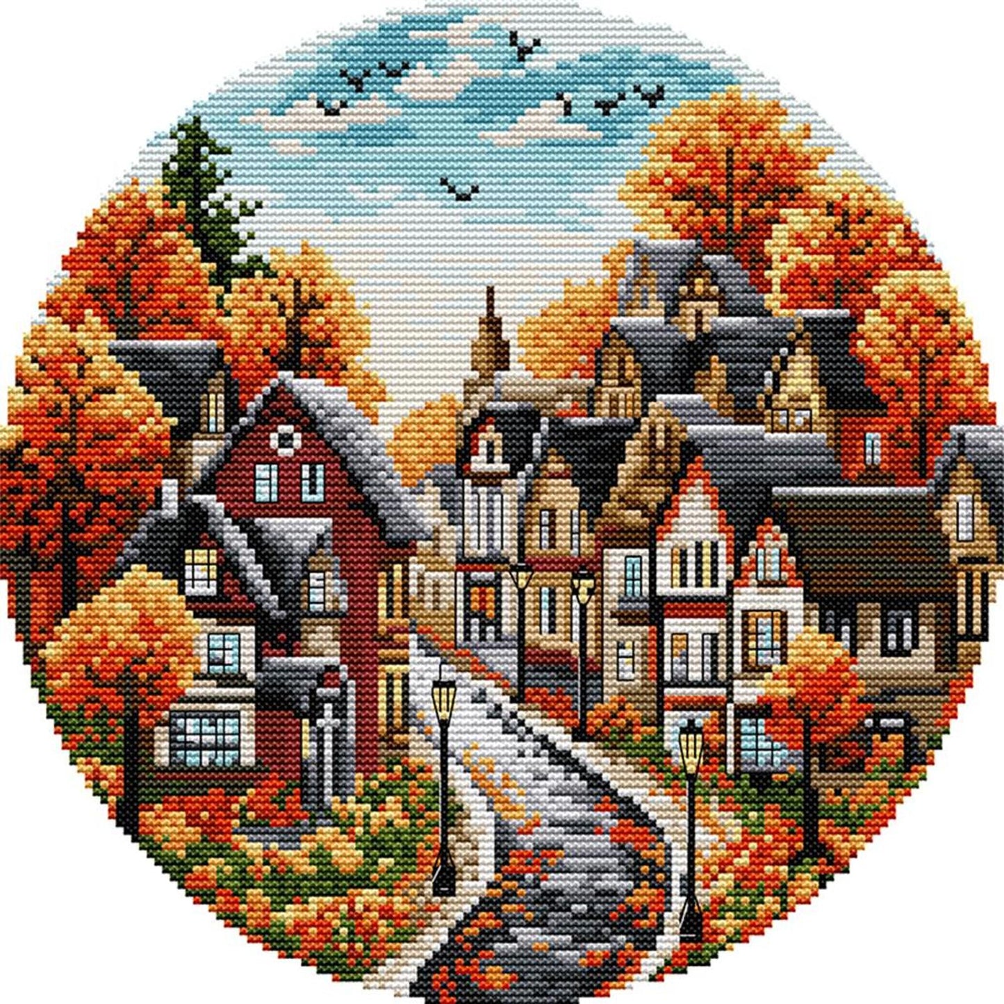 Autumn Street - Partial 14CT Stamped Cross Stitch 31x31CM - Joy Sunday Backstitch