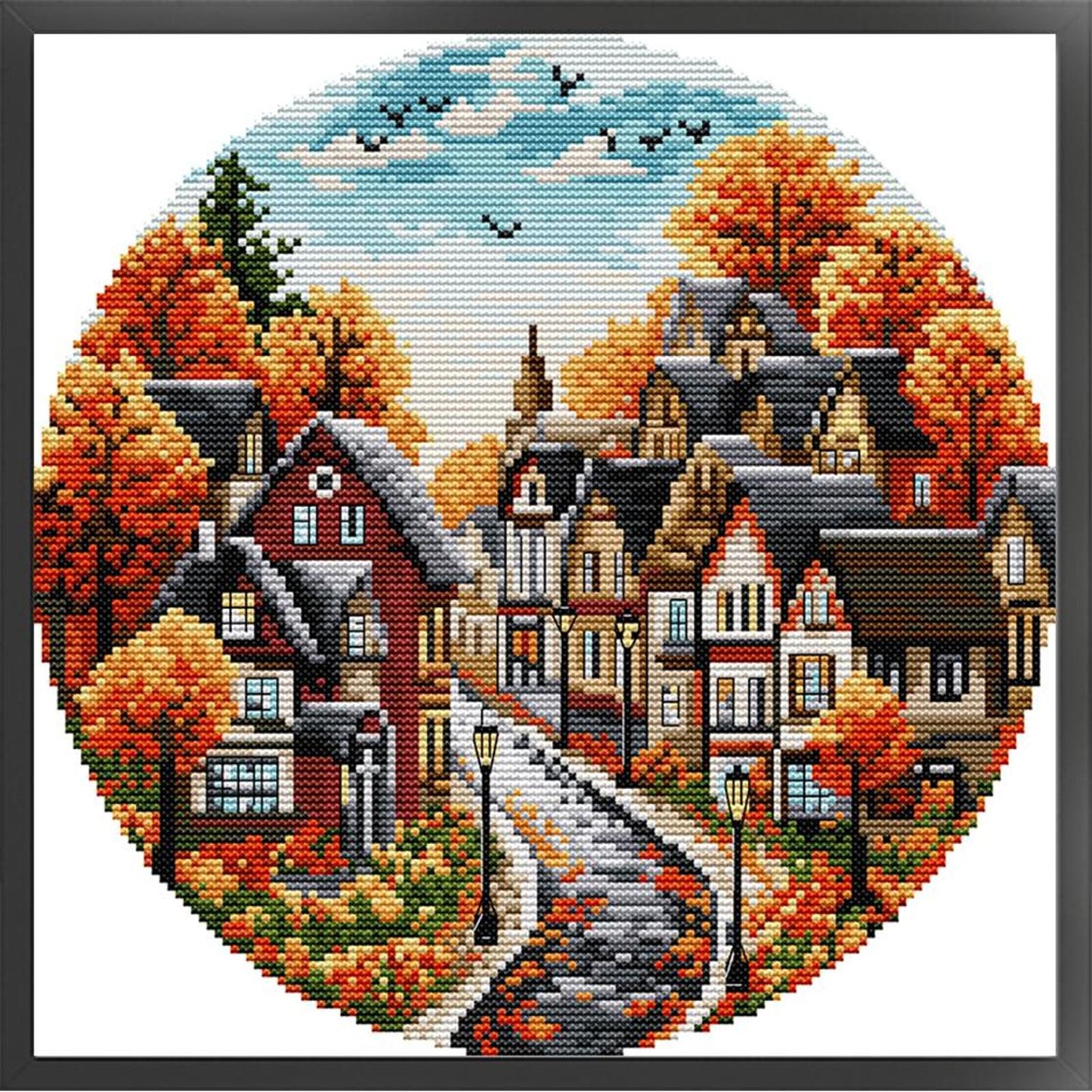 Autumn Street - Partial 14CT Stamped Cross Stitch 31x31CM - Joy Sunday Backstitch