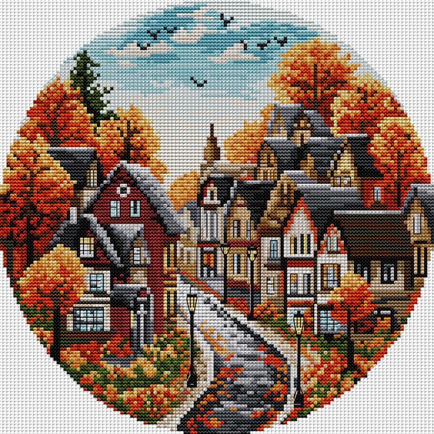 Autumn Street - Partial 14CT Stamped Cross Stitch 31x31CM - Joy Sunday Backstitch