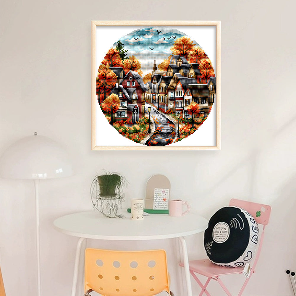 Autumn Street - Partial 14CT Stamped Cross Stitch 31x31CM - Joy Sunday Backstitch