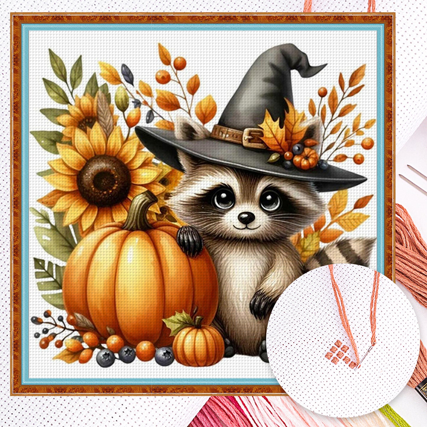 Halloween Pumpkin Raccoon - Full 14CT Counted Cross Stitch 40x40CM - Yishu