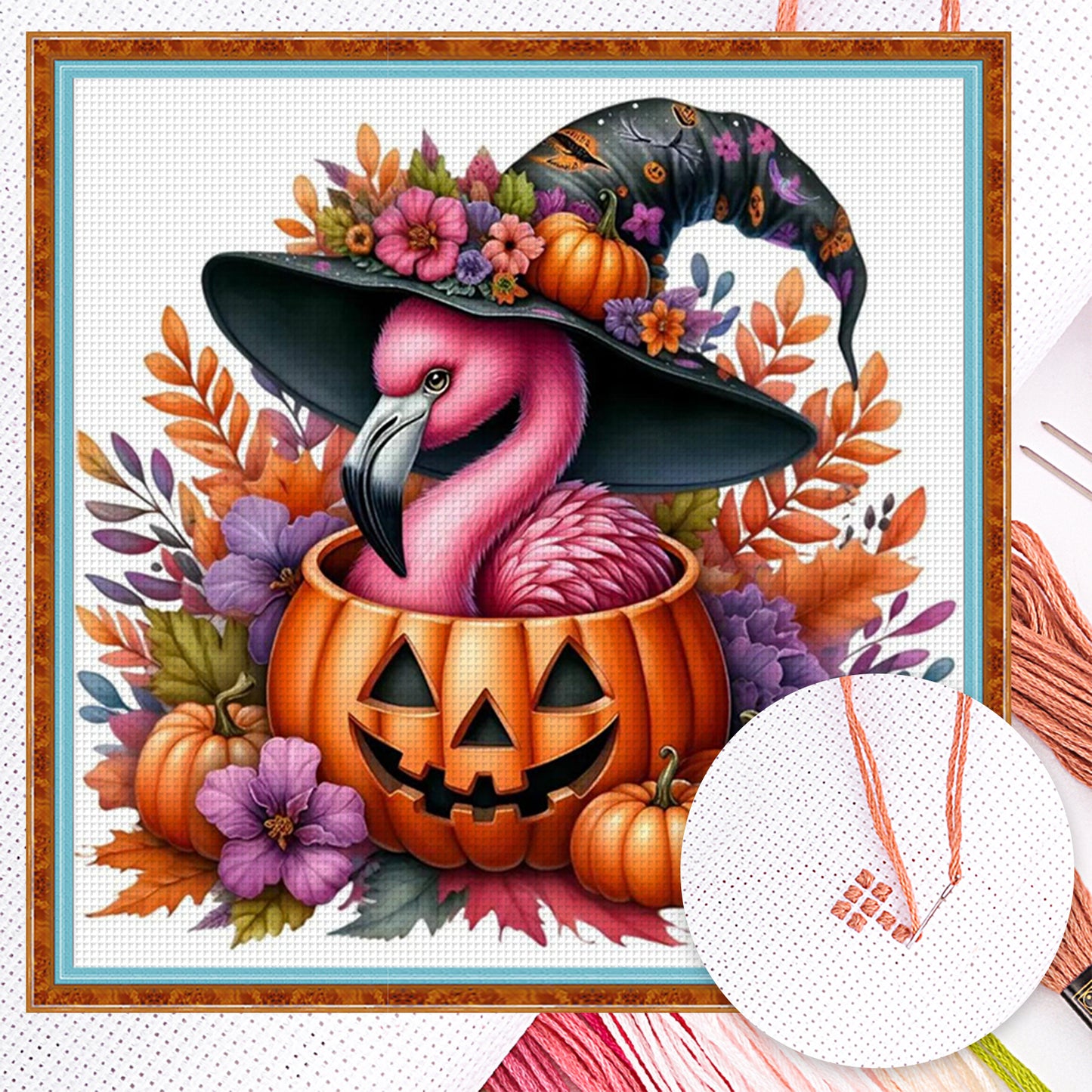 Halloween Pumpkin Flamingo - Full 14CT Counted Cross Stitch 40x40CM - Yishu