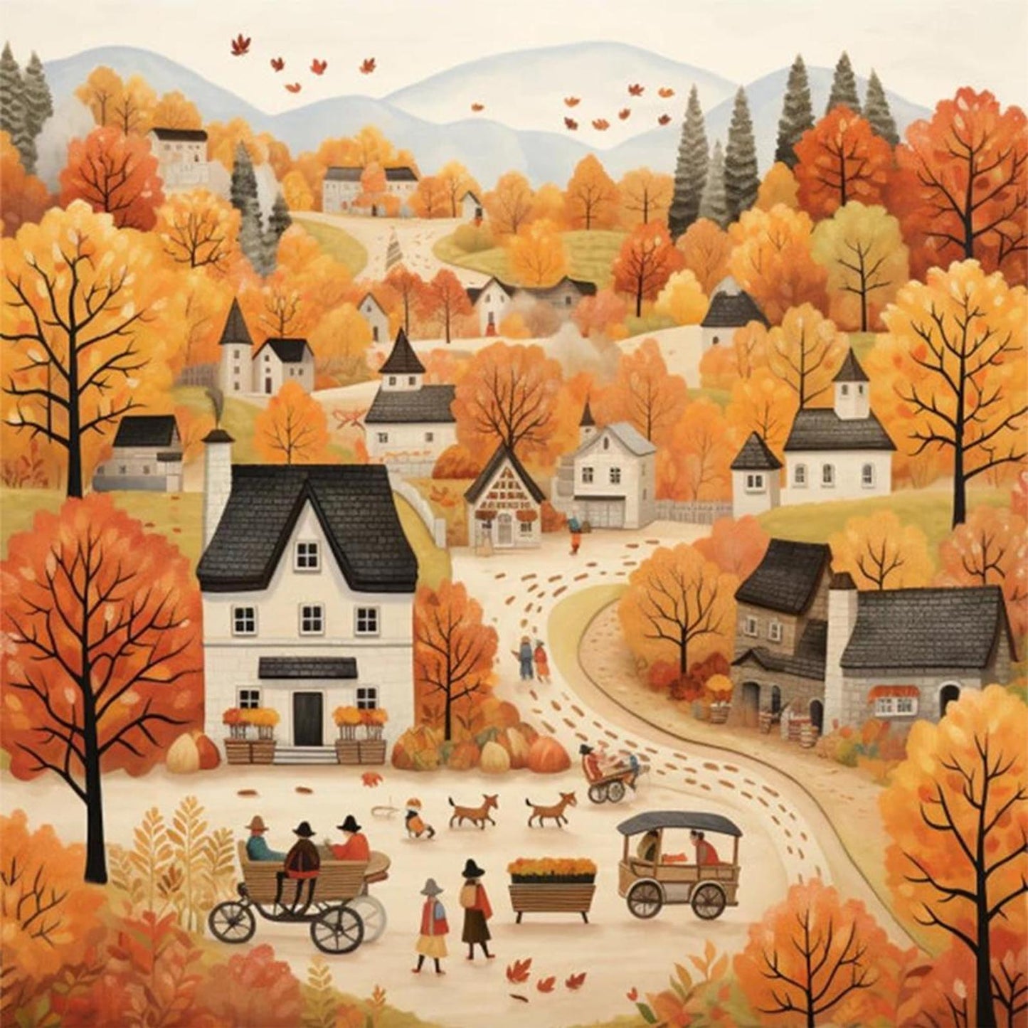 Autumn Town - Full 14CT Counted Cross Stitch 40x40CM - Huacan