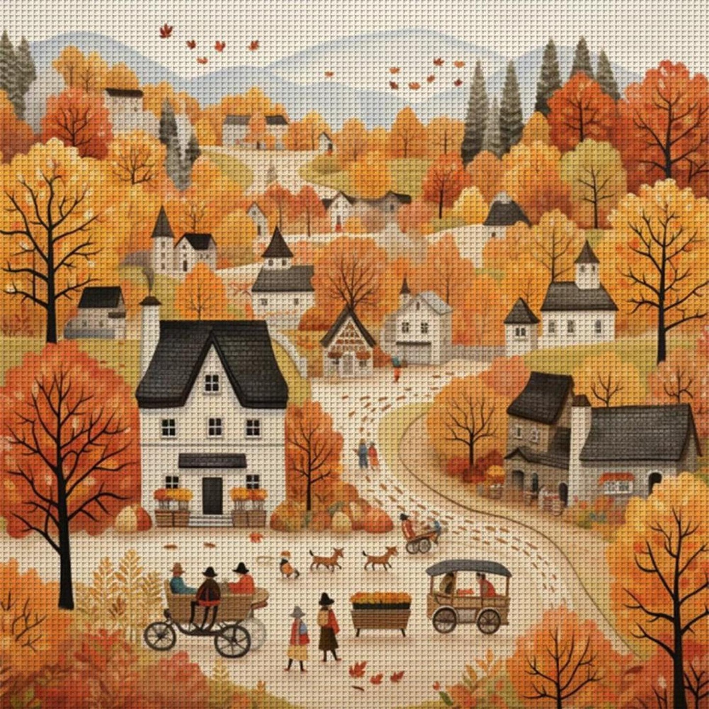 Autumn Town - Full 14CT Counted Cross Stitch 40x40CM - Huacan