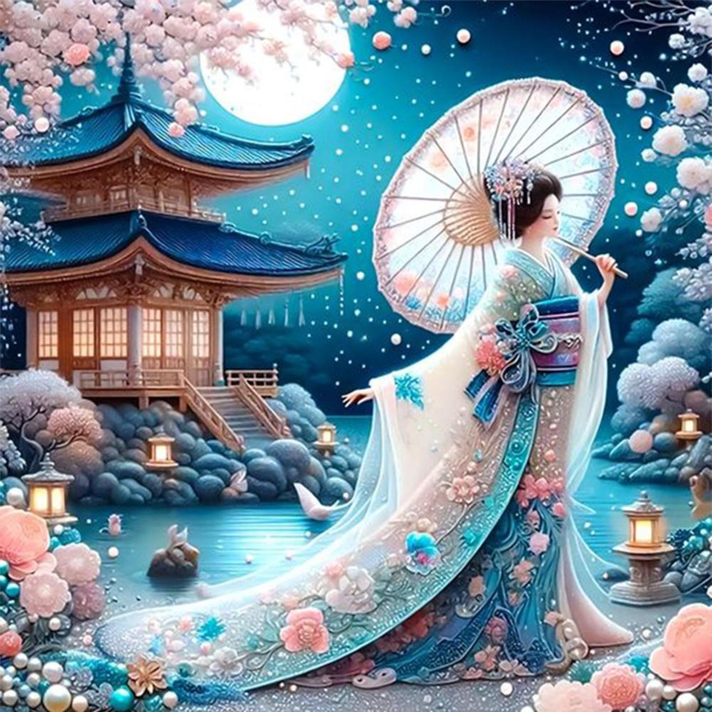 Kimono Woman With Umbrella - Full 11CT Stamped Cross Stitch 50x50CM - Yishu
