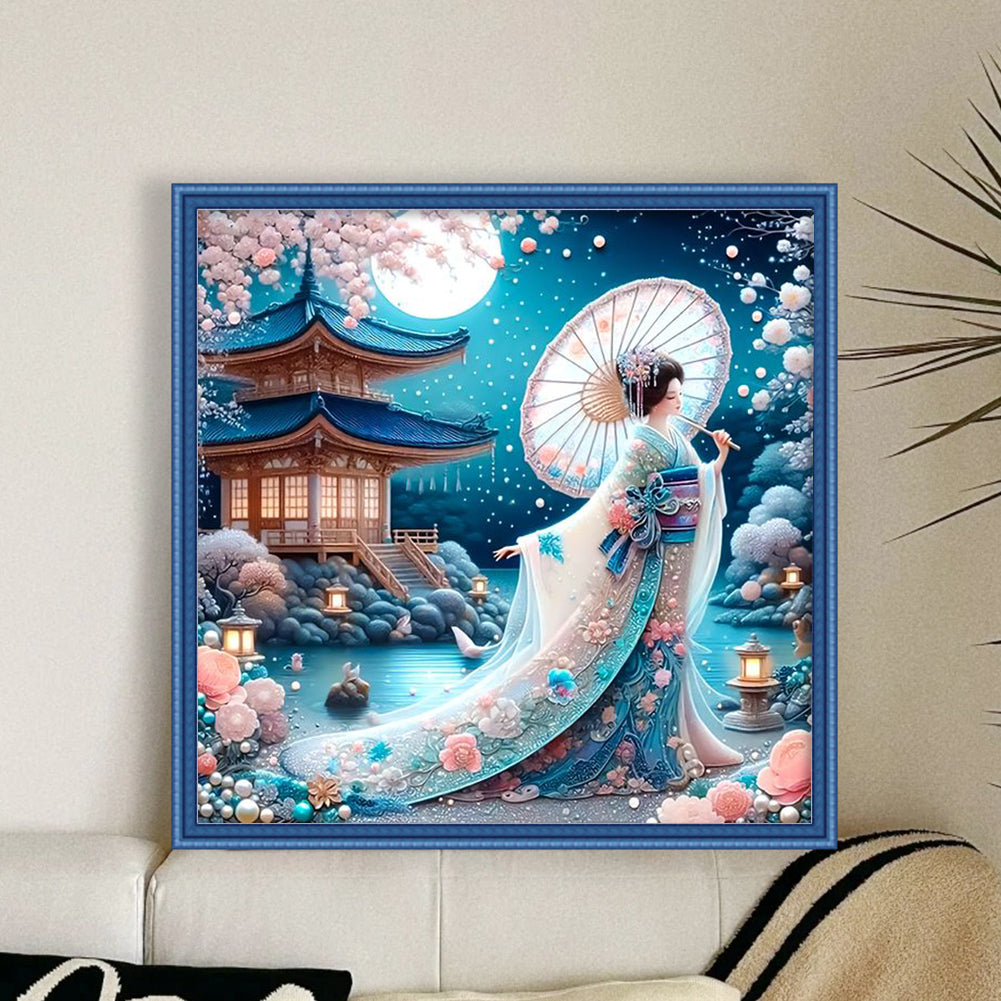 Kimono Woman With Umbrella - Full 11CT Stamped Cross Stitch 50x50CM - Yishu