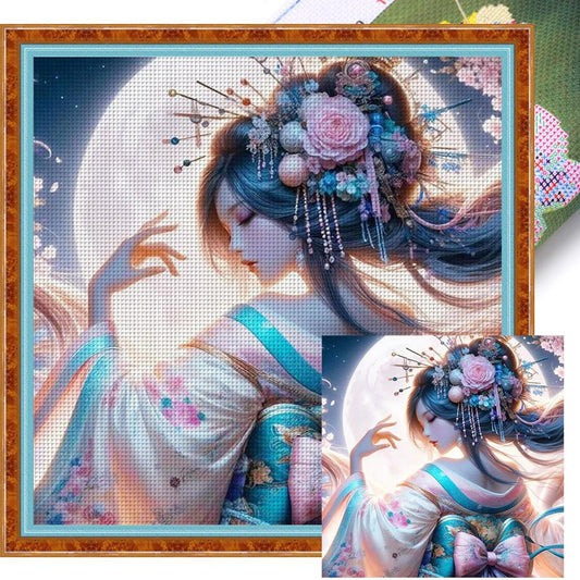 Kimono Woman Under The Moon - Full 11CT Stamped Cross Stitch 50x50CM - Yishu