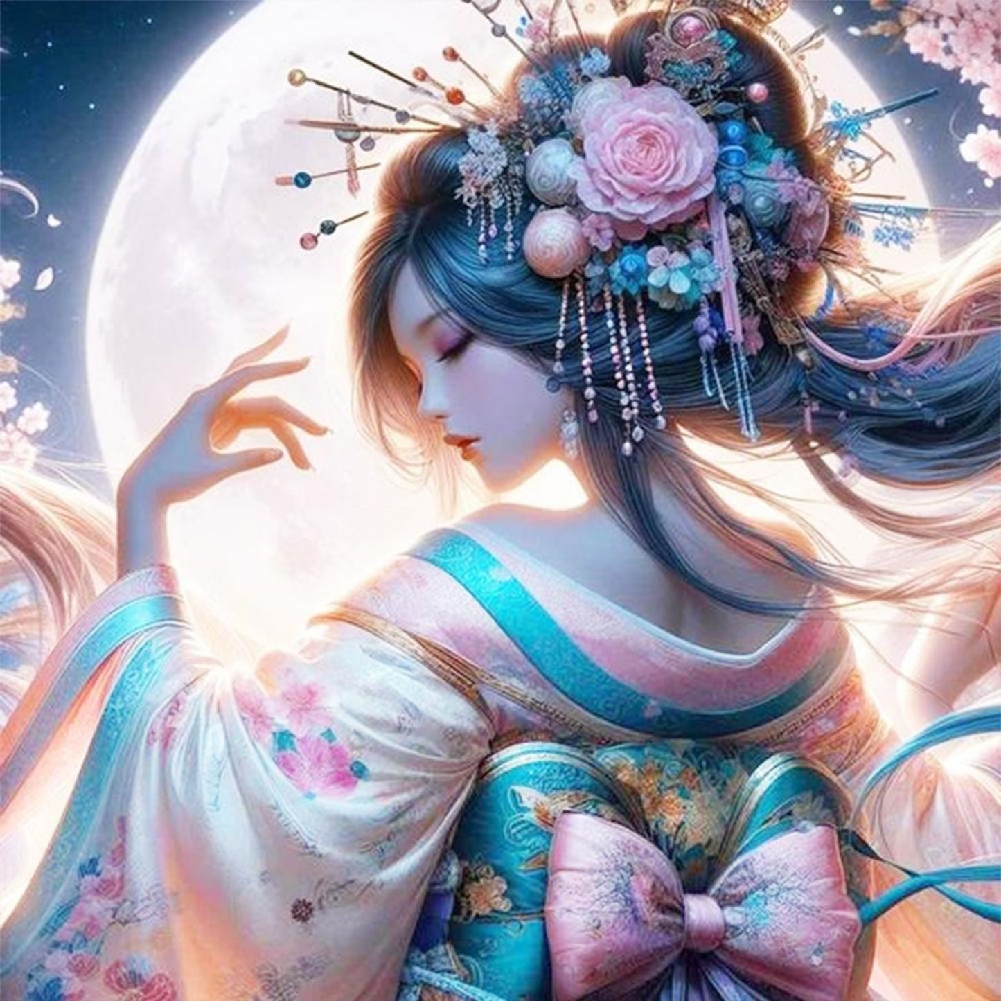 Kimono Woman Under The Moon - Full 11CT Stamped Cross Stitch 50x50CM - Yishu