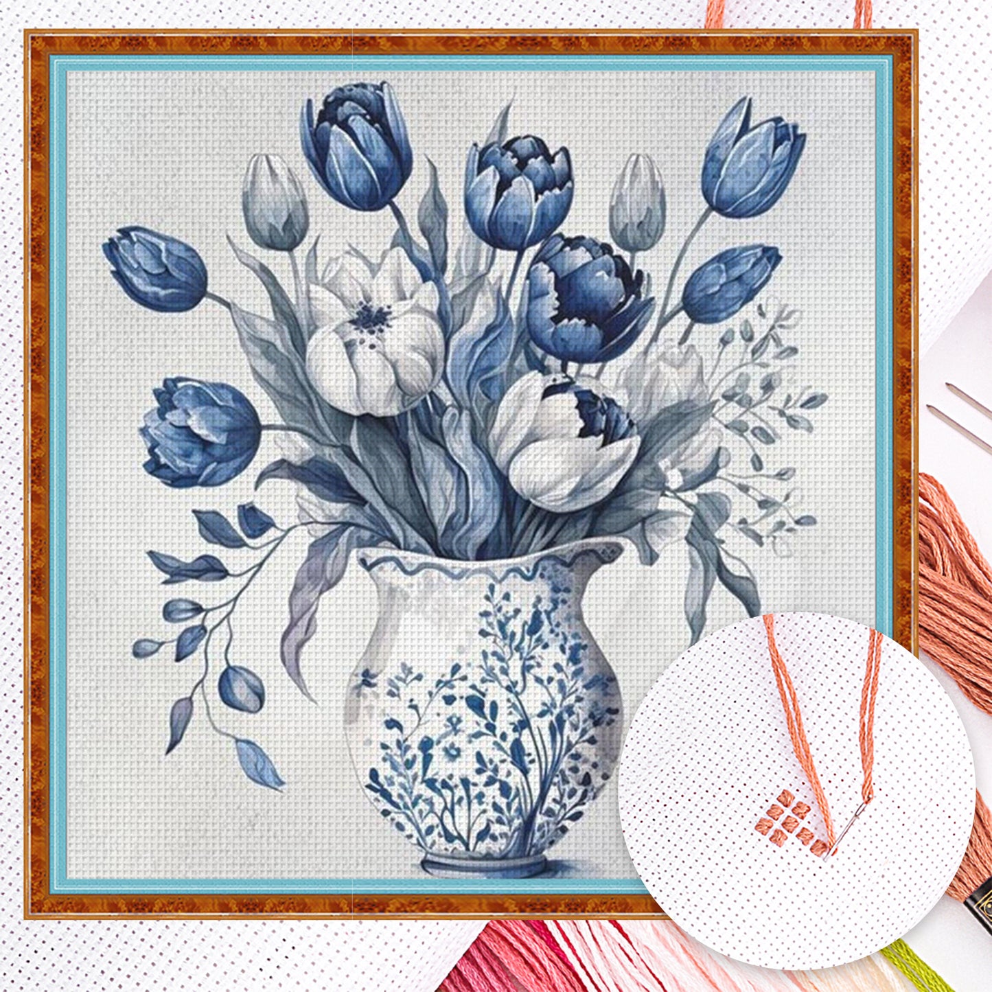 Blue And White Porcelain Flowers - Full 11CT Counted Cross Stitch 45x45CM - Yishu