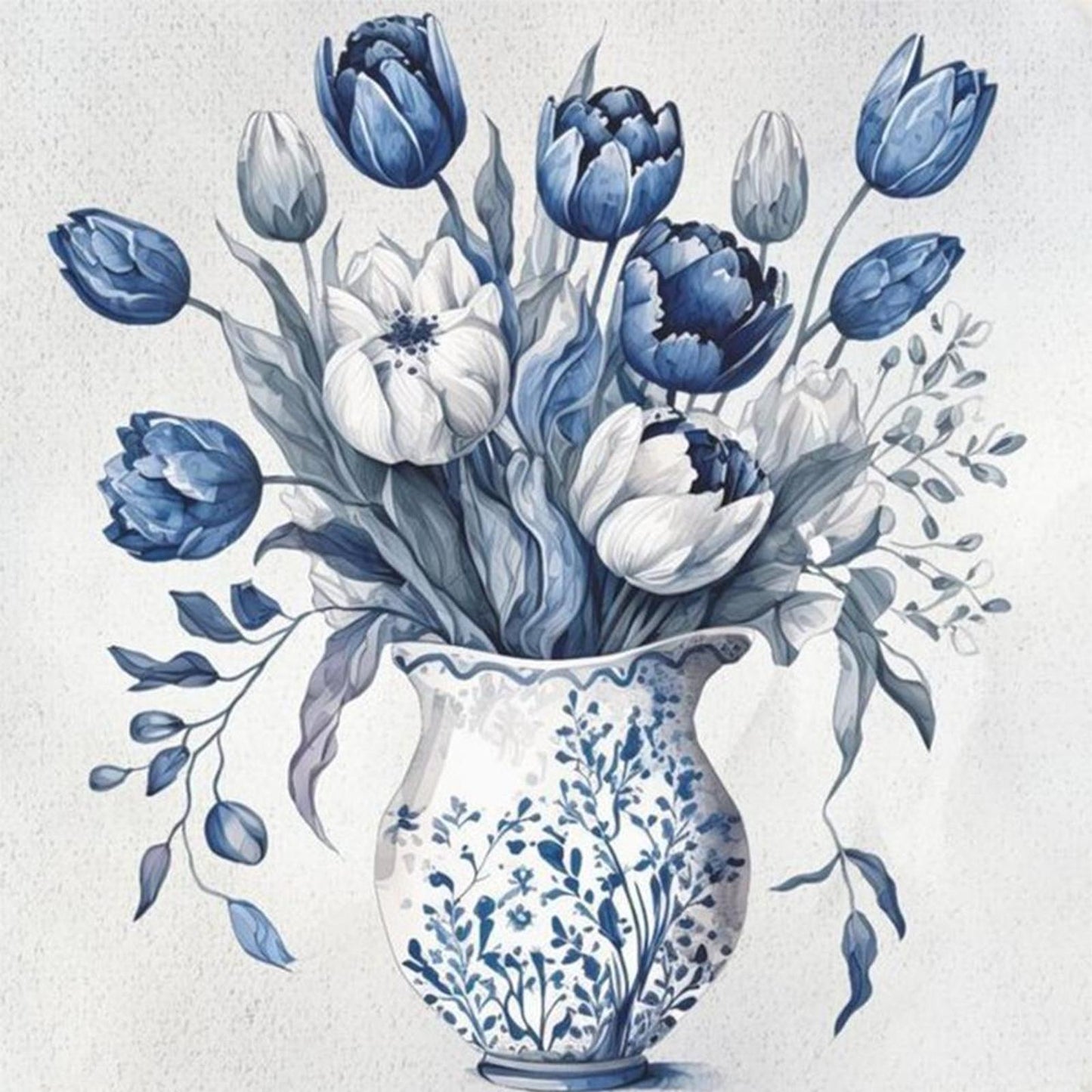 Blue And White Porcelain Flowers - Full 11CT Counted Cross Stitch 45x45CM - Yishu