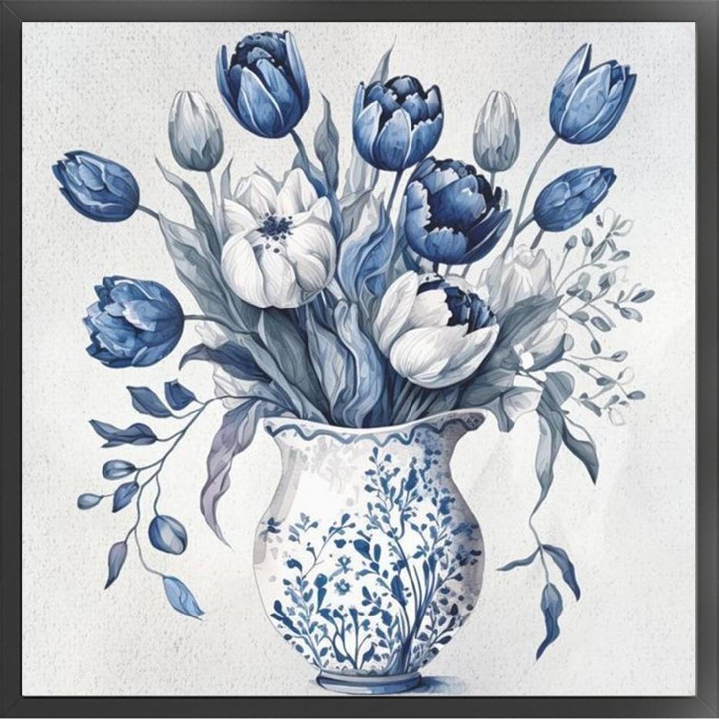 Blue And White Porcelain Flowers - Full 11CT Counted Cross Stitch 45x45CM - Yishu