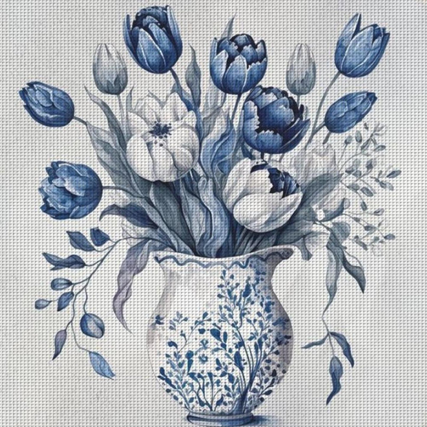 Blue And White Porcelain Flowers - Full 11CT Counted Cross Stitch 45x45CM - Yishu