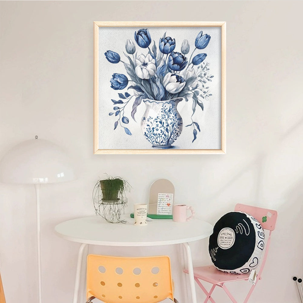 Blue And White Porcelain Flowers - Full 11CT Counted Cross Stitch 45x45CM - Yishu