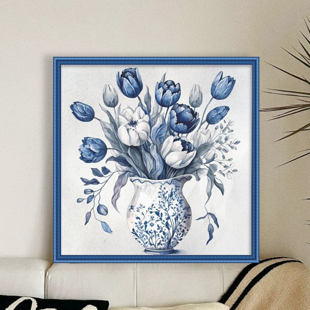 Blue And White Porcelain Flowers - Full 11CT Counted Cross Stitch 45x45CM - Yishu