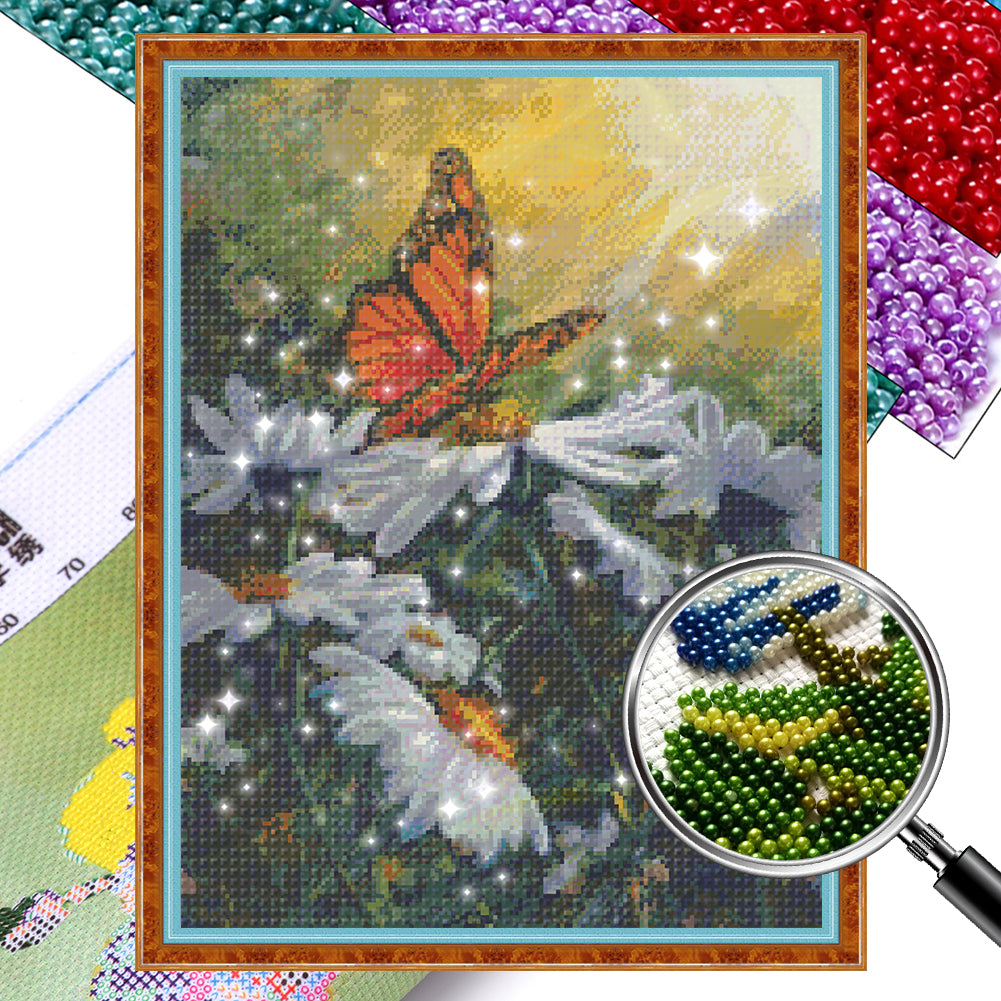 Butterflies Flying Among Flowers - Full  9CT Stamped Cross Stitch - Bead Embroidery 45x58CM/17.72x22.83in