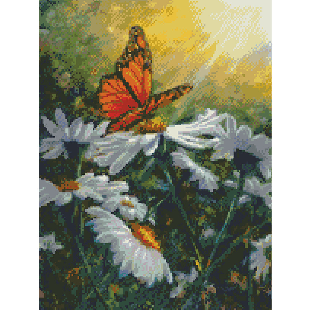 Butterflies Flying Among Flowers - Full  9CT Stamped Cross Stitch - Bead Embroidery 45x58CM/17.72x22.83in