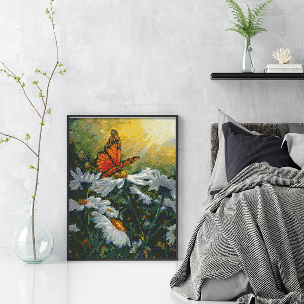 Butterflies Flying Among Flowers - Full  9CT Stamped Cross Stitch - Bead Embroidery 45x58CM/17.72x22.83in