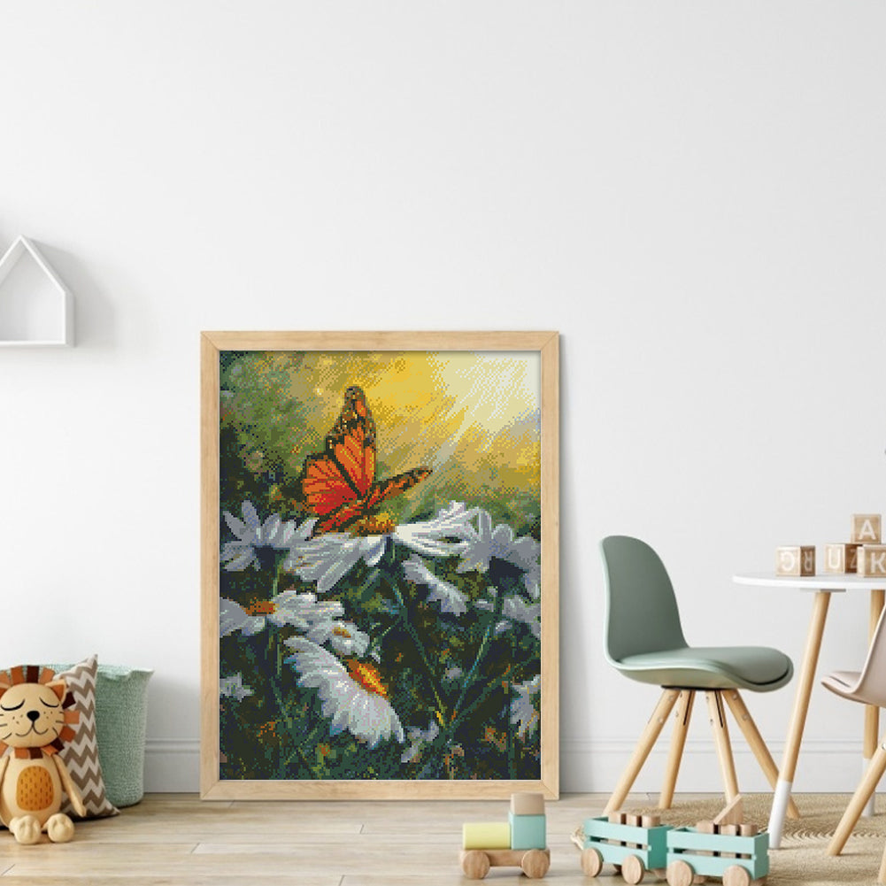 Butterflies Flying Among Flowers - Full  9CT Stamped Cross Stitch - Bead Embroidery 45x58CM/17.72x22.83in