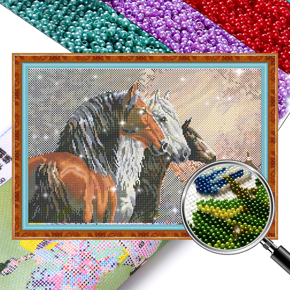 Three Steeds - Full  9CT Stamped Cross Stitch - Bead Embroidery 58x38CM/22.83x14.96in
