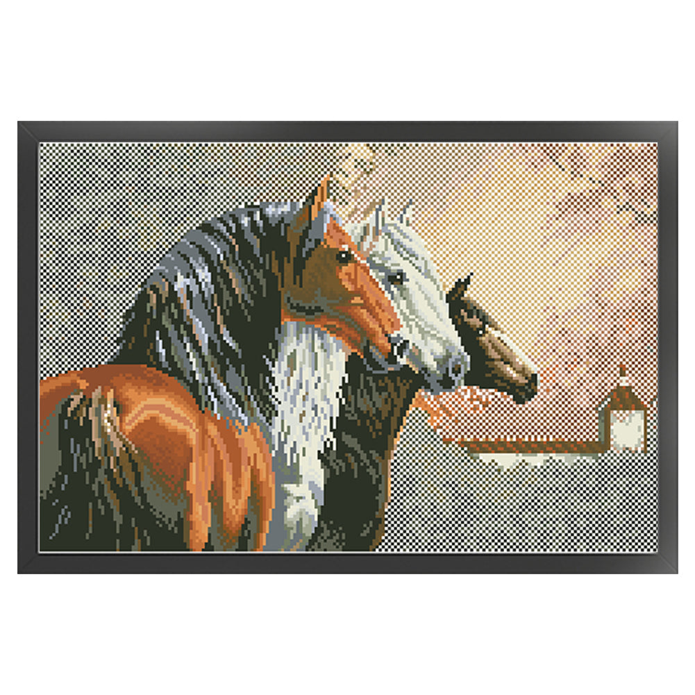 Three Steeds - Full  9CT Stamped Cross Stitch - Bead Embroidery 58x38CM/22.83x14.96in