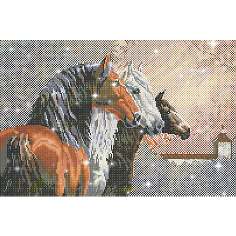 Three Steeds - Full  9CT Stamped Cross Stitch - Bead Embroidery 58x38CM/22.83x14.96in