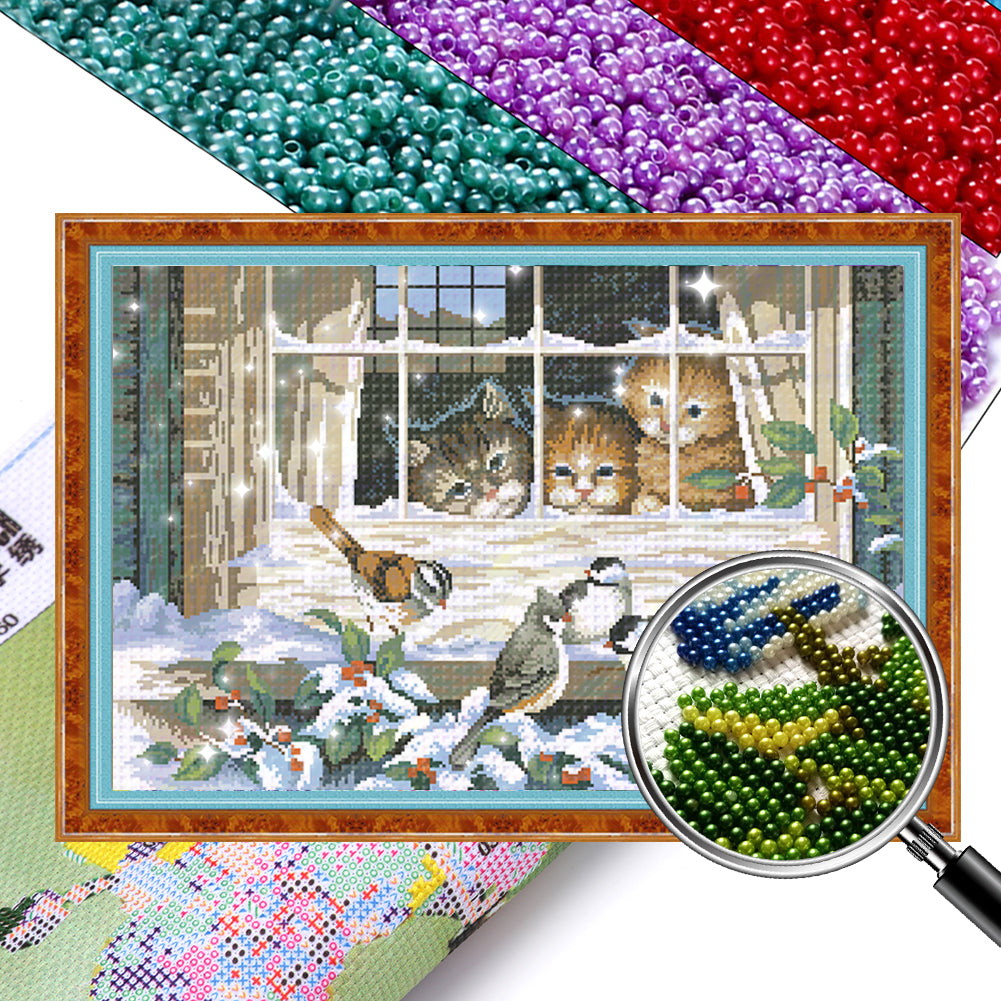 Three Cats - Full  9CT Stamped Cross Stitch - Bead Embroidery 71x46CM/27.95x18.11in