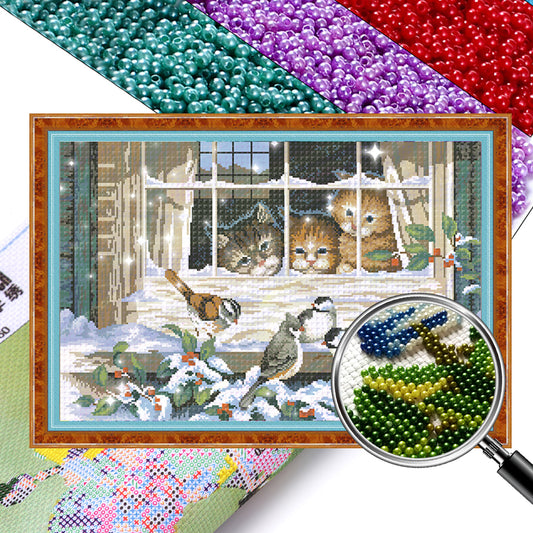 Three Cats - Full  9CT Stamped Cross Stitch - Bead Embroidery 71x46CM/27.95x18.11in