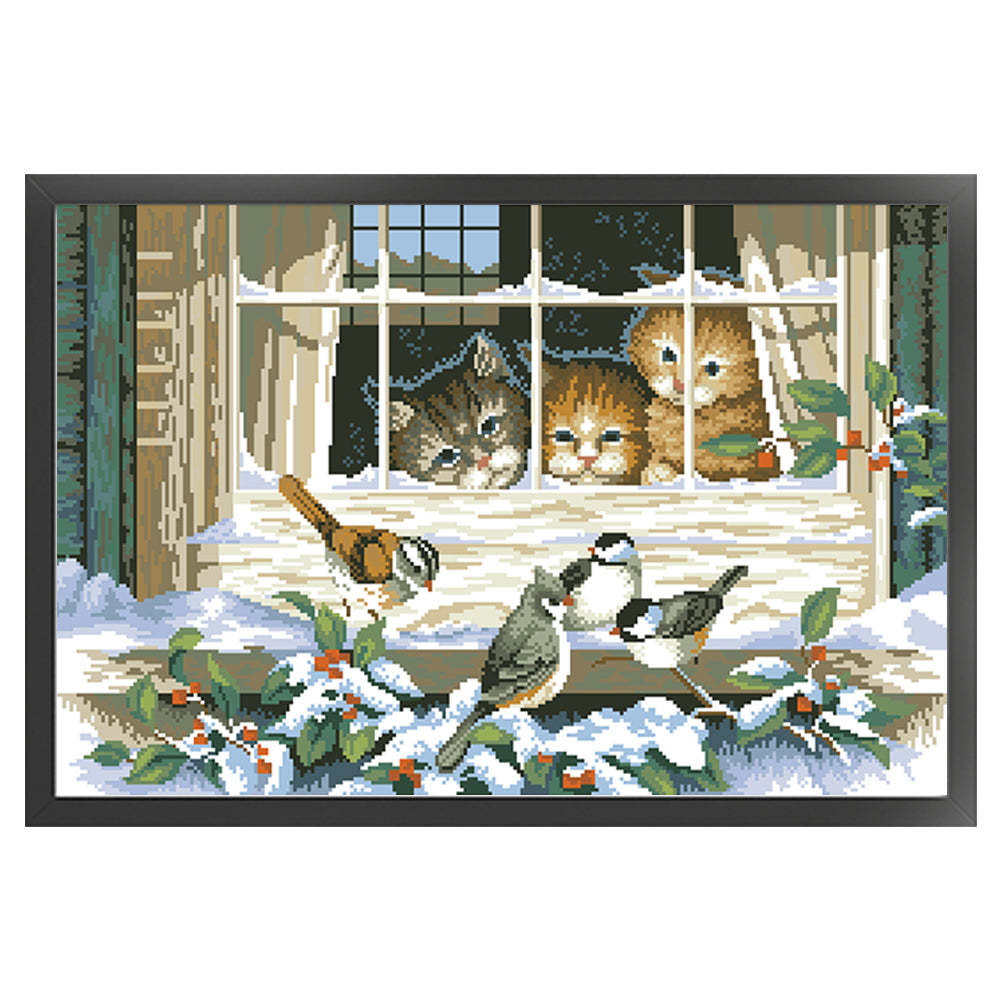 Three Cats - Full  9CT Stamped Cross Stitch - Bead Embroidery 71x46CM/27.95x18.11in