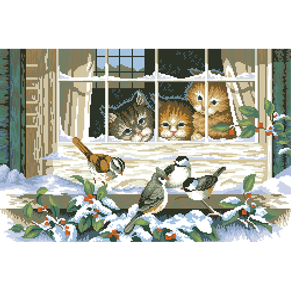 Three Cats - Full  9CT Stamped Cross Stitch - Bead Embroidery 71x46CM/27.95x18.11in