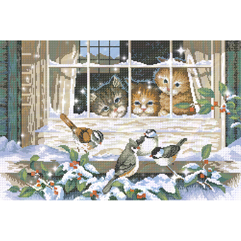 Three Cats - Full  9CT Stamped Cross Stitch - Bead Embroidery 71x46CM/27.95x18.11in