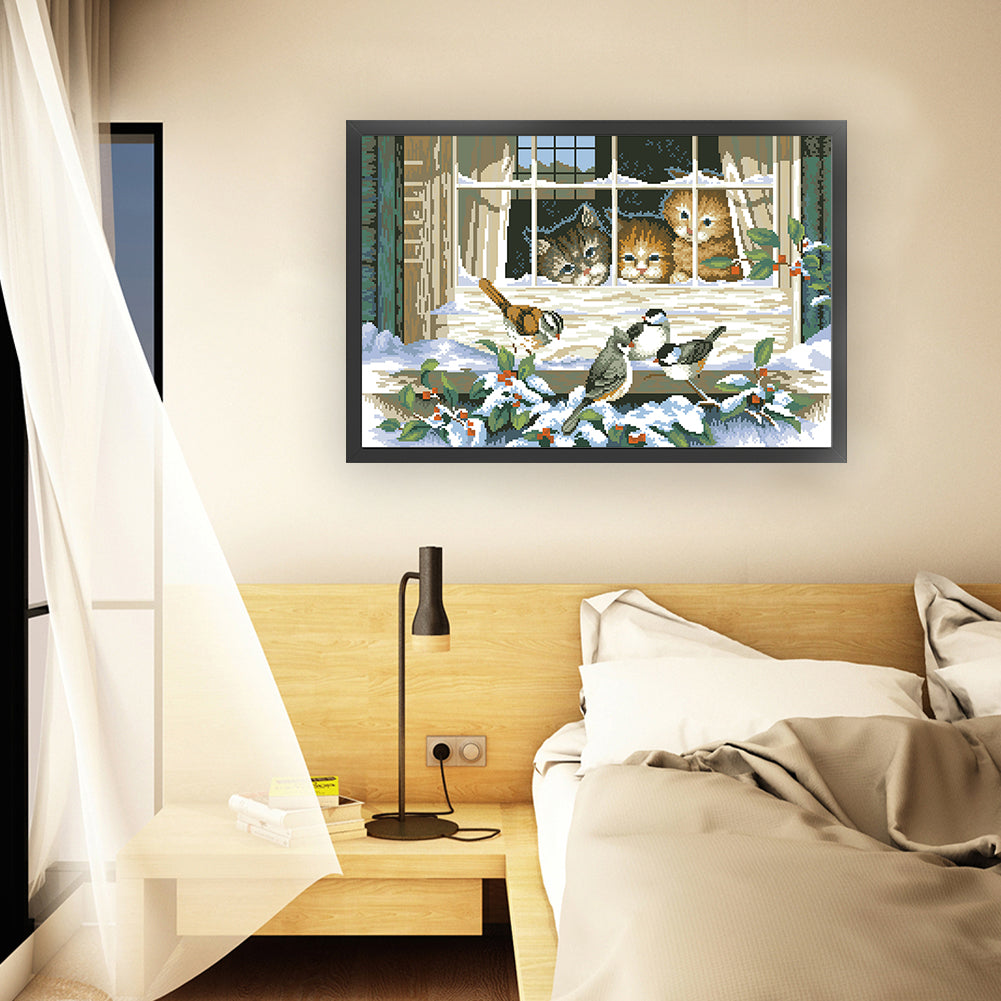 Three Cats - Full  9CT Stamped Cross Stitch - Bead Embroidery 71x46CM/27.95x18.11in