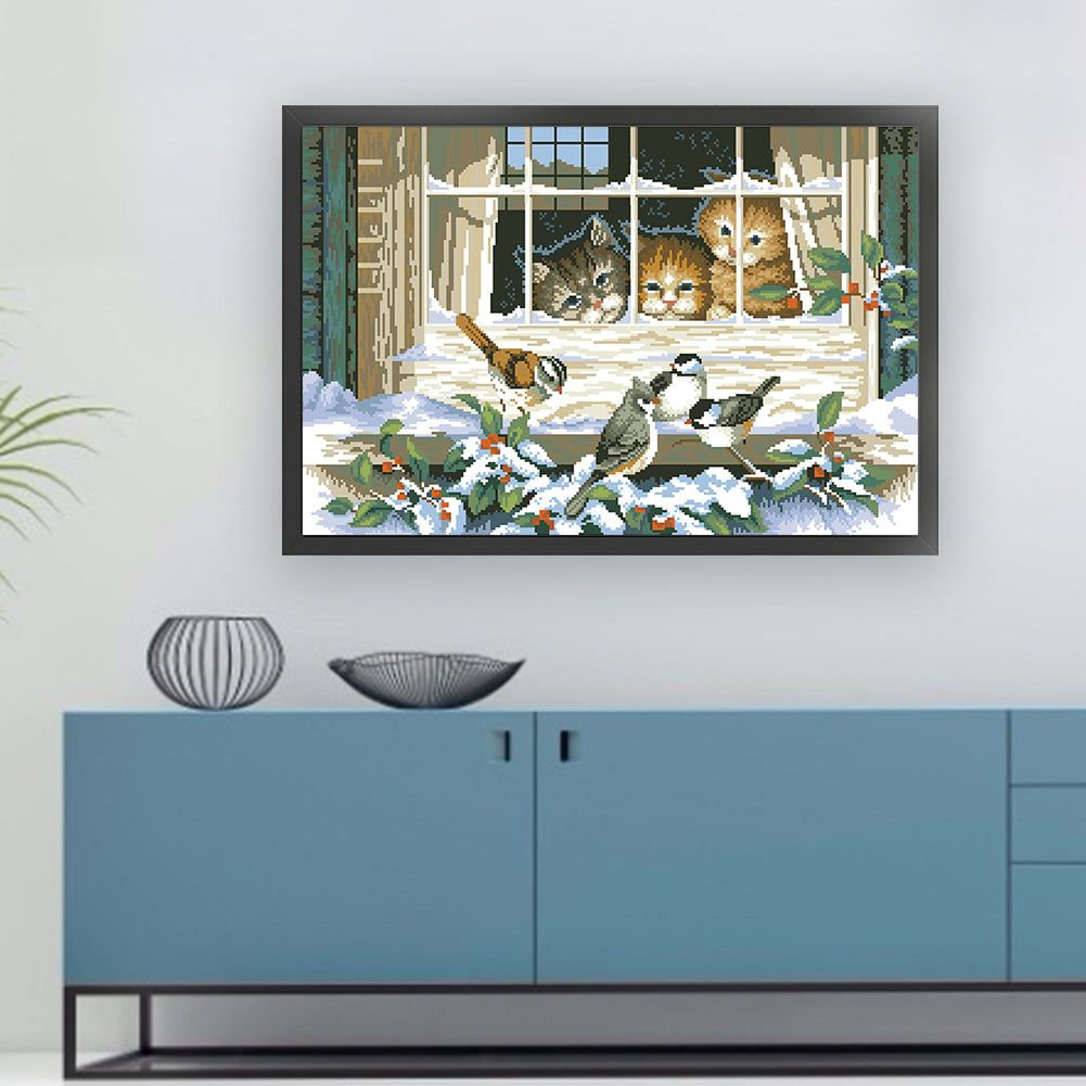Three Cats - Full  9CT Stamped Cross Stitch - Bead Embroidery 71x46CM/27.95x18.11in