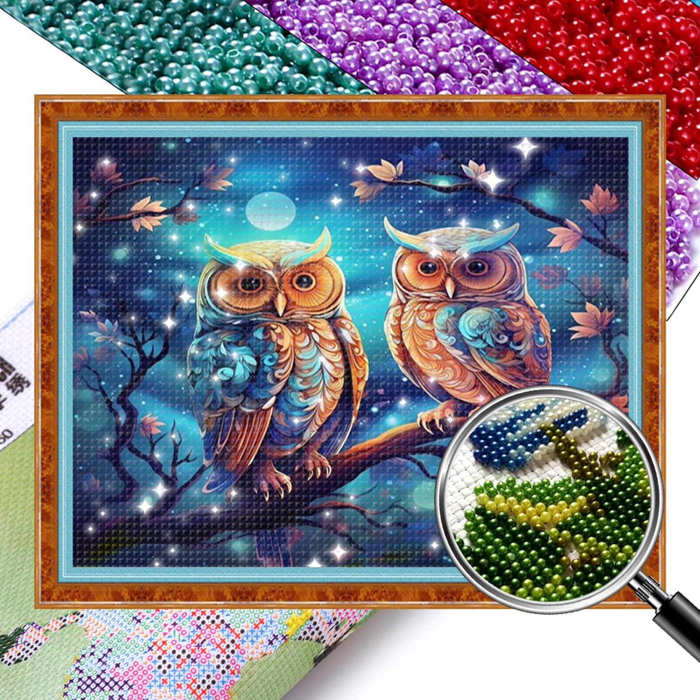 Two Owls - Full  9CT Stamped Cross Stitch - Bead Embroidery 52x40CM/20.47x15.75in
