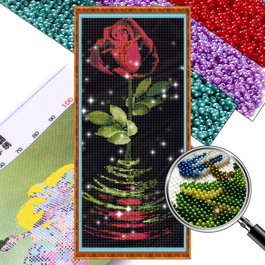 Reflected Red Rose - Full  9CT Stamped Cross Stitch - Bead Embroidery 31x77CM/12.20x30.31in