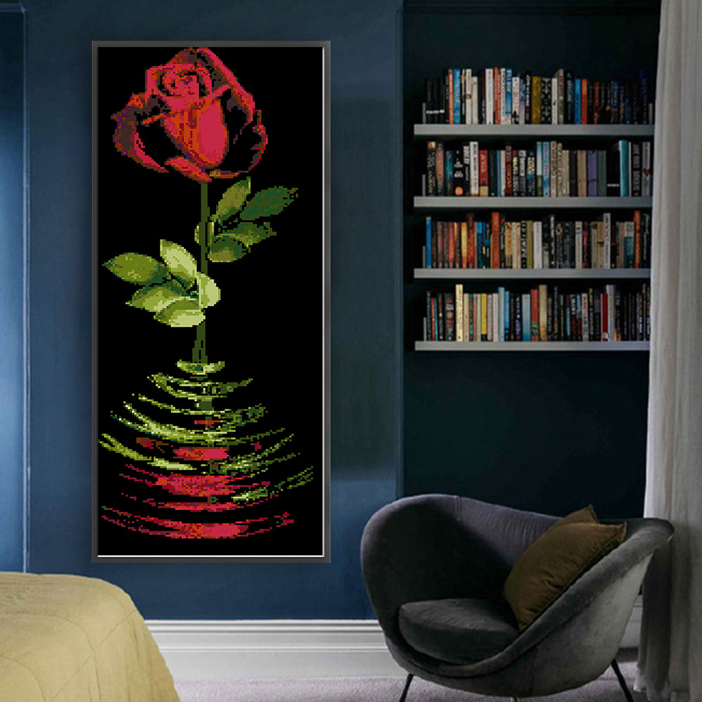 Reflected Red Rose - Full  9CT Stamped Cross Stitch - Bead Embroidery 31x77CM/12.20x30.31in