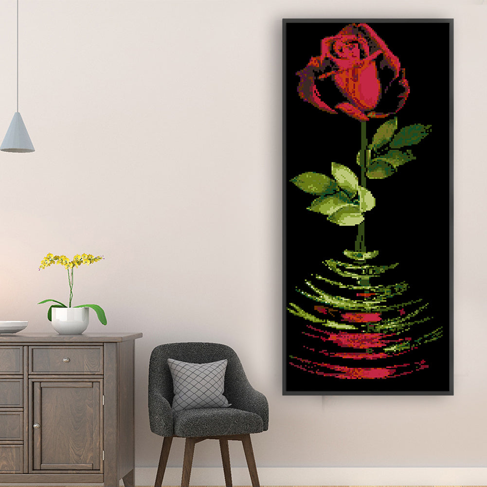 Reflected Red Rose - Full  9CT Stamped Cross Stitch - Bead Embroidery 31x77CM/12.20x30.31in