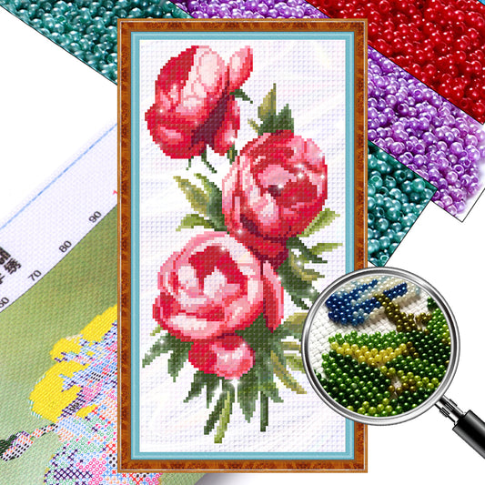 Three Flowers - Partial  9CT Stamped Cross Stitch - Bead Embroidery 22x40CM/8.66x15.75in