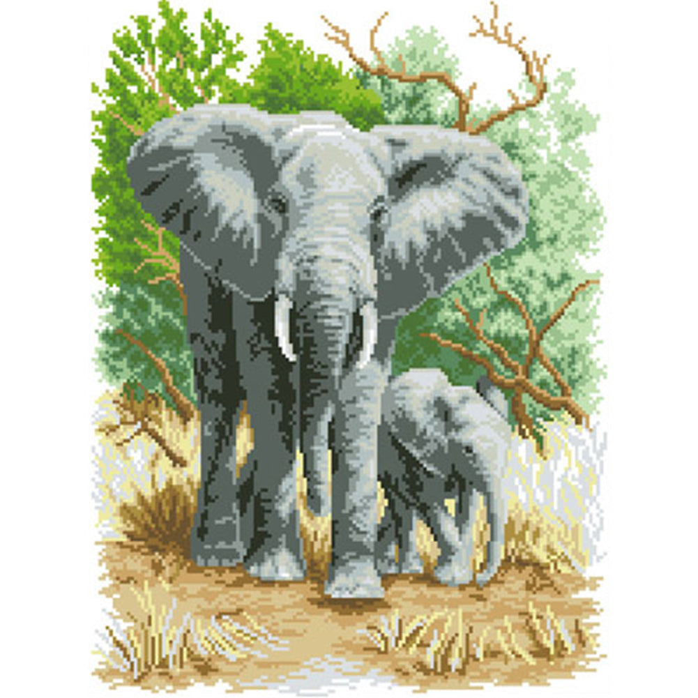 Mother Elephant & Calf - Partial  9CT Stamped Cross Stitch - Bead Embroidery 42x56CM/16.54x22.05in