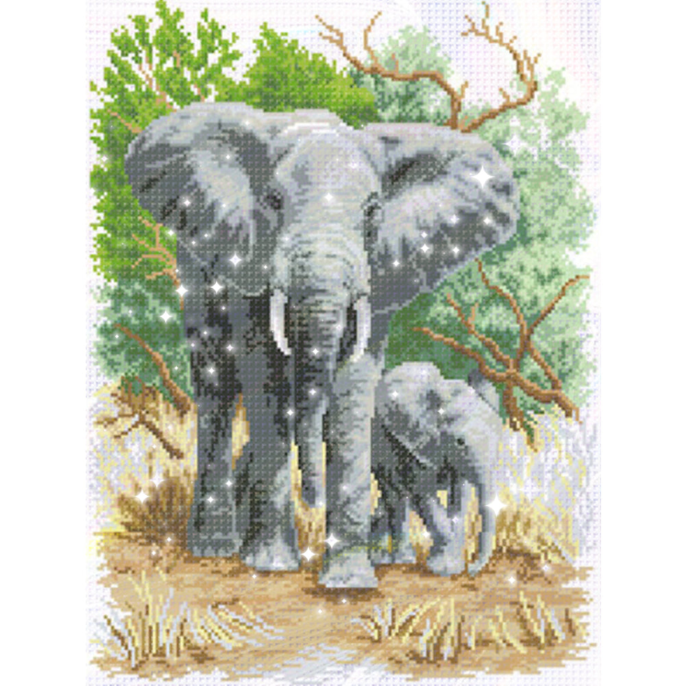 Mother Elephant & Calf - Partial  9CT Stamped Cross Stitch - Bead Embroidery 42x56CM/16.54x22.05in