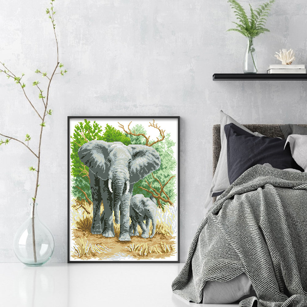 Mother Elephant & Calf - Partial  9CT Stamped Cross Stitch - Bead Embroidery 42x56CM/16.54x22.05in