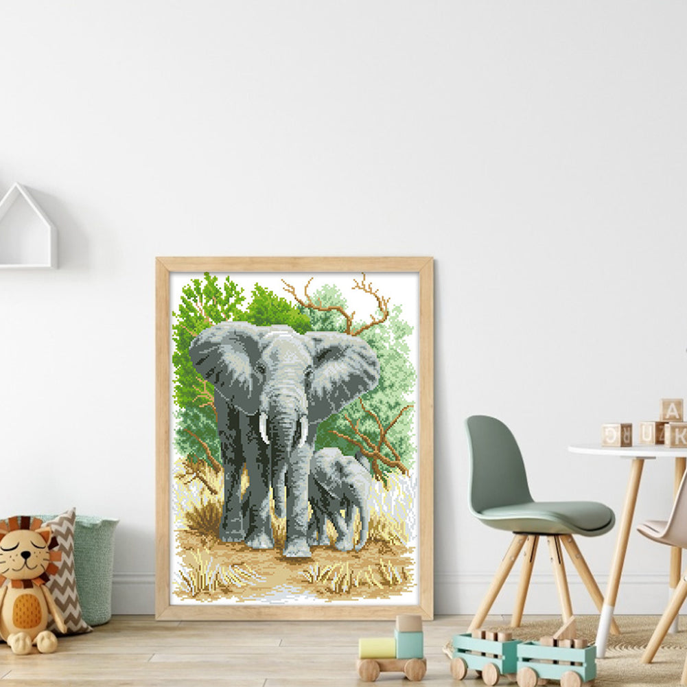 Mother Elephant & Calf - Partial  9CT Stamped Cross Stitch - Bead Embroidery 42x56CM/16.54x22.05in
