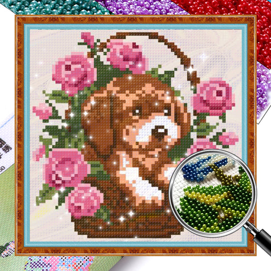 Dog with Flower Basket - Partial  9CT Stamped Cross Stitch - Bead Embroidery 18x18CM/7.09x7.09in