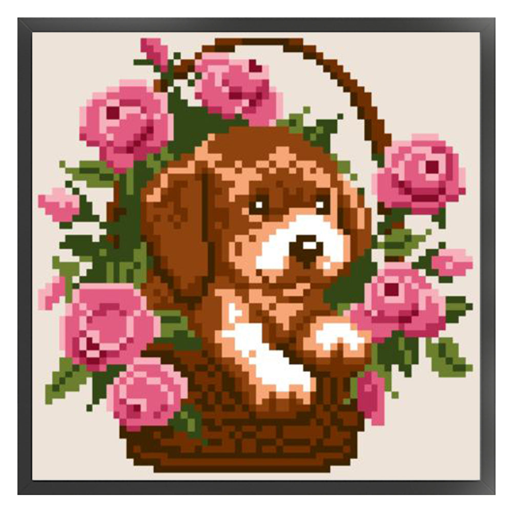 Dog with Flower Basket - Partial  9CT Stamped Cross Stitch - Bead Embroidery 18x18CM/7.09x7.09in
