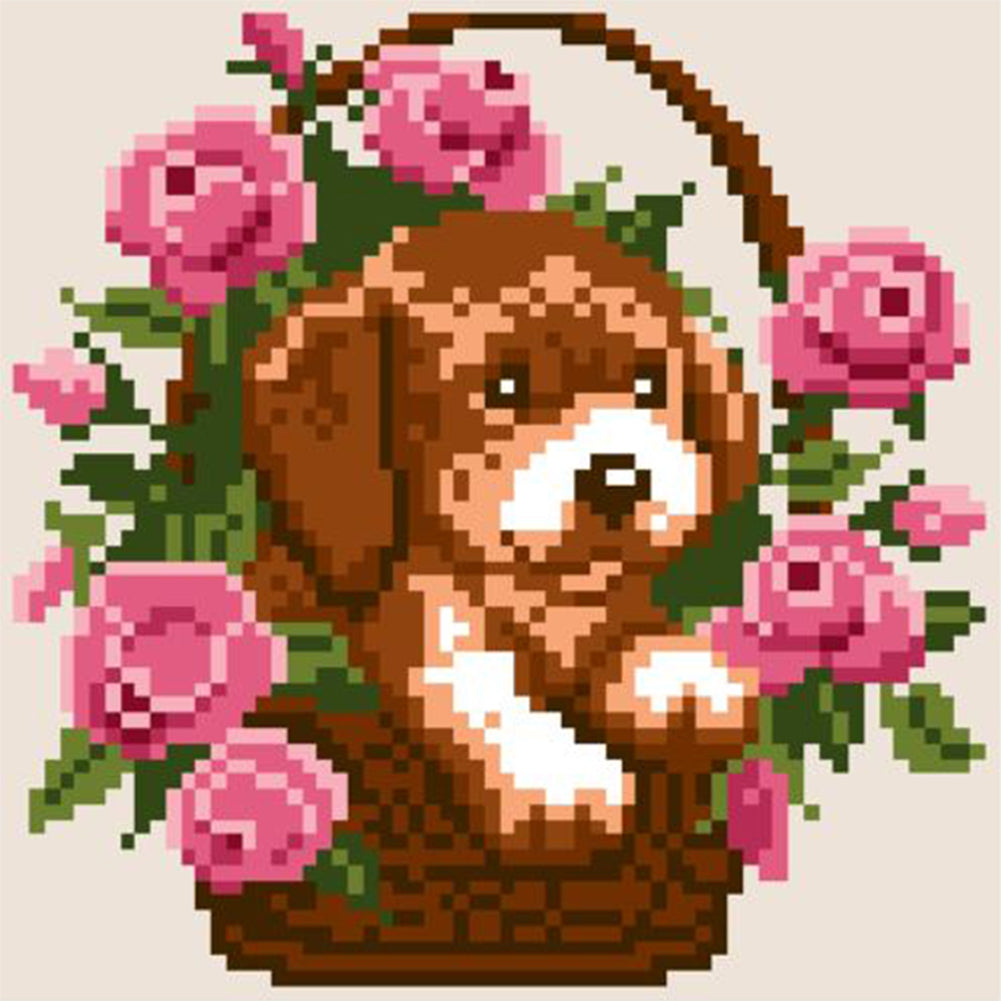Dog with Flower Basket - Partial  9CT Stamped Cross Stitch - Bead Embroidery 18x18CM/7.09x7.09in