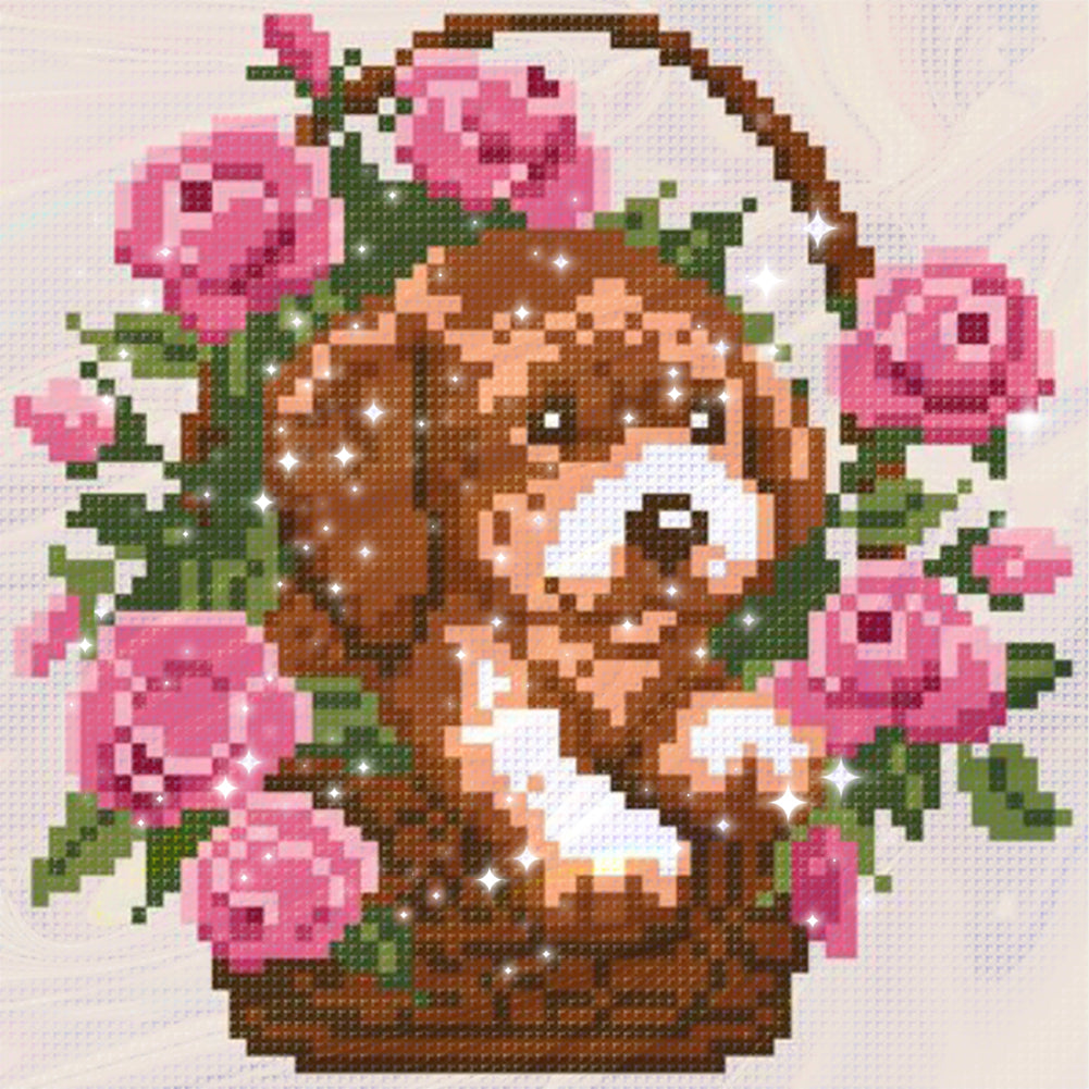Dog with Flower Basket - Partial  9CT Stamped Cross Stitch - Bead Embroidery 18x18CM/7.09x7.09in