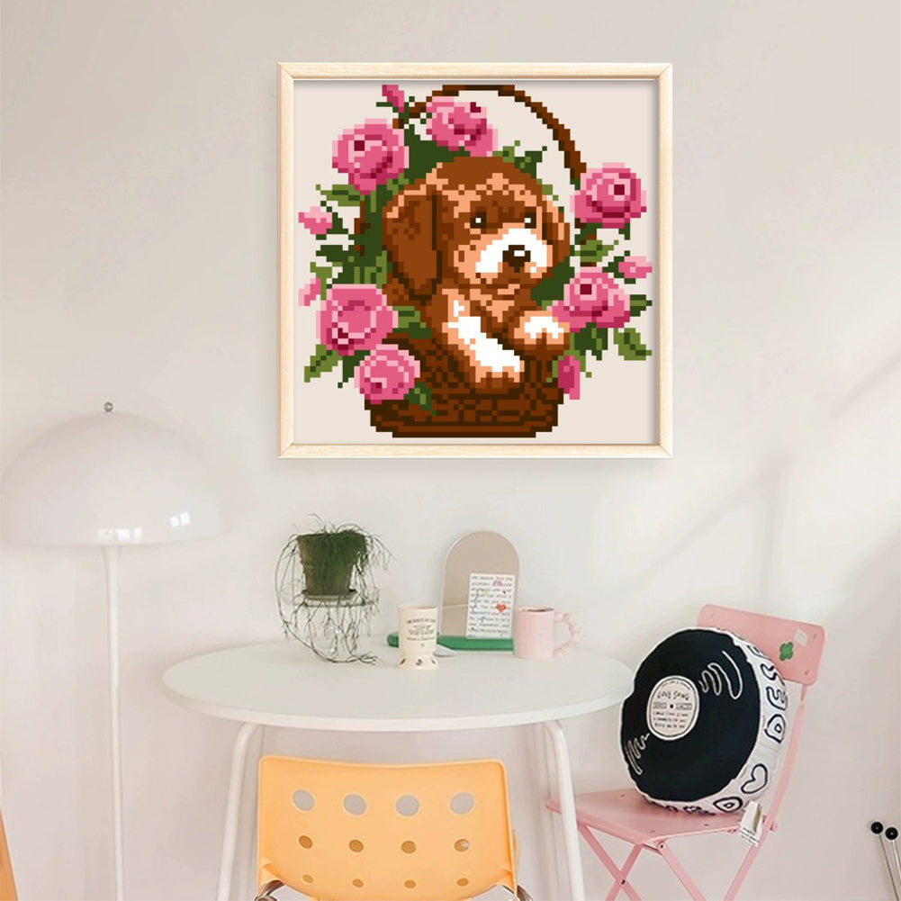 Dog with Flower Basket - Partial  9CT Stamped Cross Stitch - Bead Embroidery 18x18CM/7.09x7.09in
