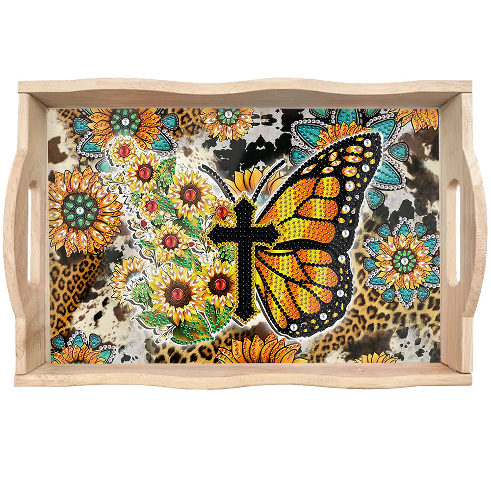 Wooden Butterfly Diamond Painting Tray Art Craft with Handle for Home Decoration